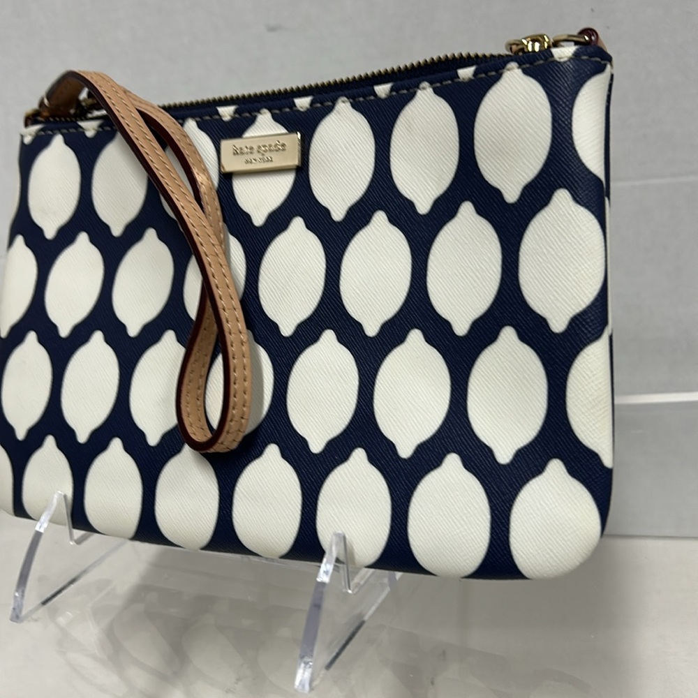 Kate Spade Navy White Lemon Print Zippered Top Wristlet Purse - Picture 3 of 7